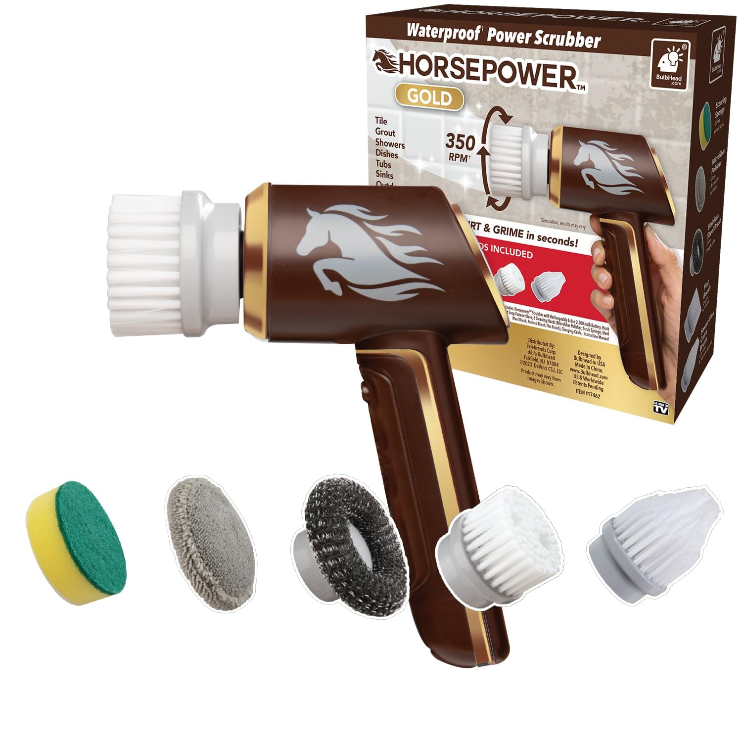 Horsepower Scrubber Gold Edition, Longer Battery Life, Electric Power, Rechargeable, Spins 350 RPM, Waterproof, 5 Brush Heads, AS-SEEN-ON-TV, Cleans Dirt & Grime: Bathrooms, Kitchen, Indoors/Outdoors