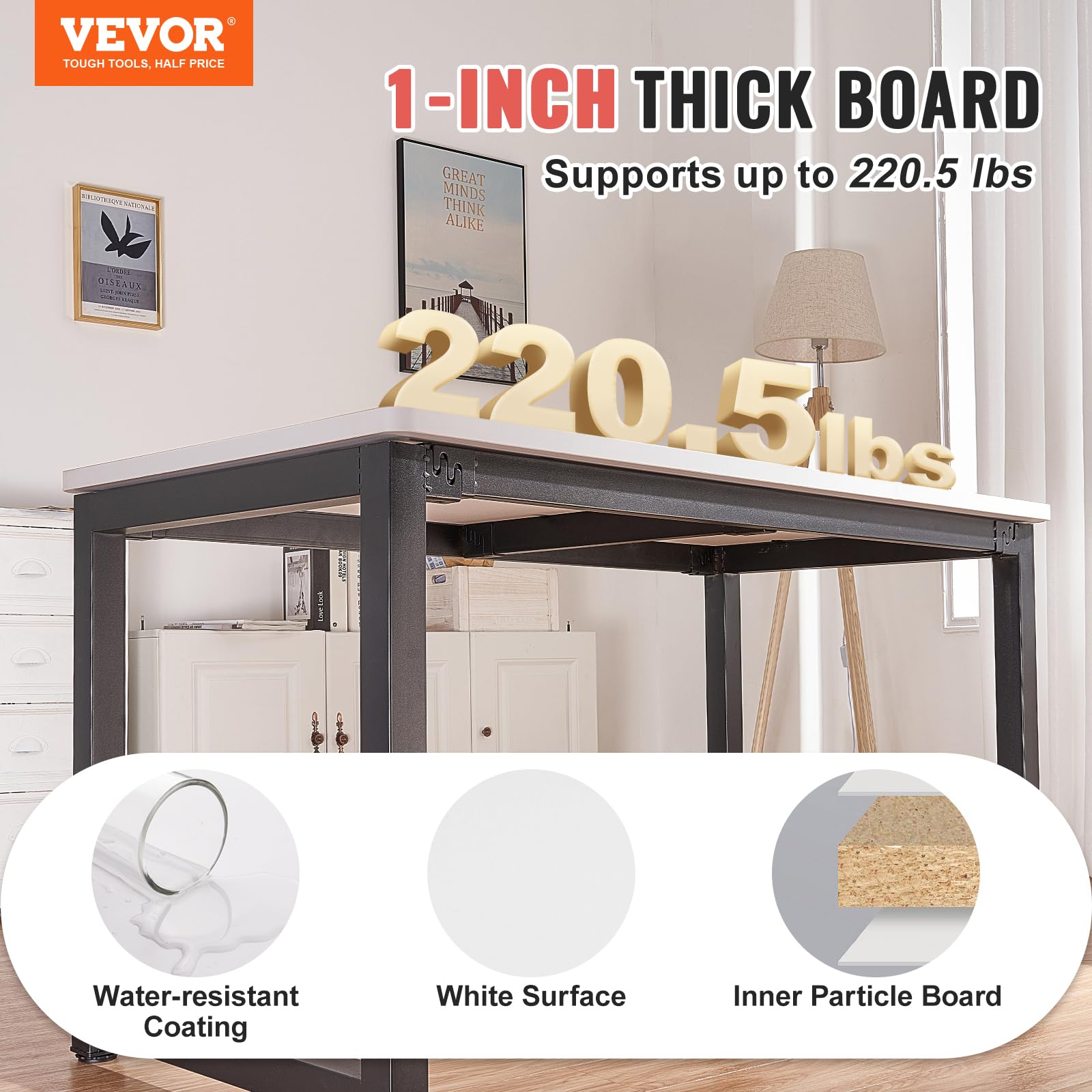 VEVOR One-Piece Particle Board Desktop Universal Tabletop, 60" x 25" x 1", White