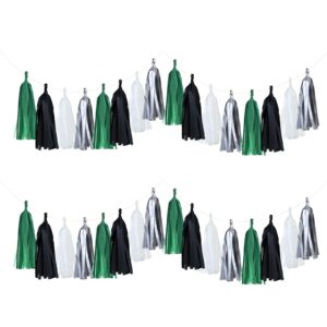 Guzon 20 Pack of Black Green Silver Party Decorations Tassel Garland Banner White Tissue Paper Tassels for Soccer Party Supplies Graduation Backdrop Men Boys Birthday Jungle Theme Banner