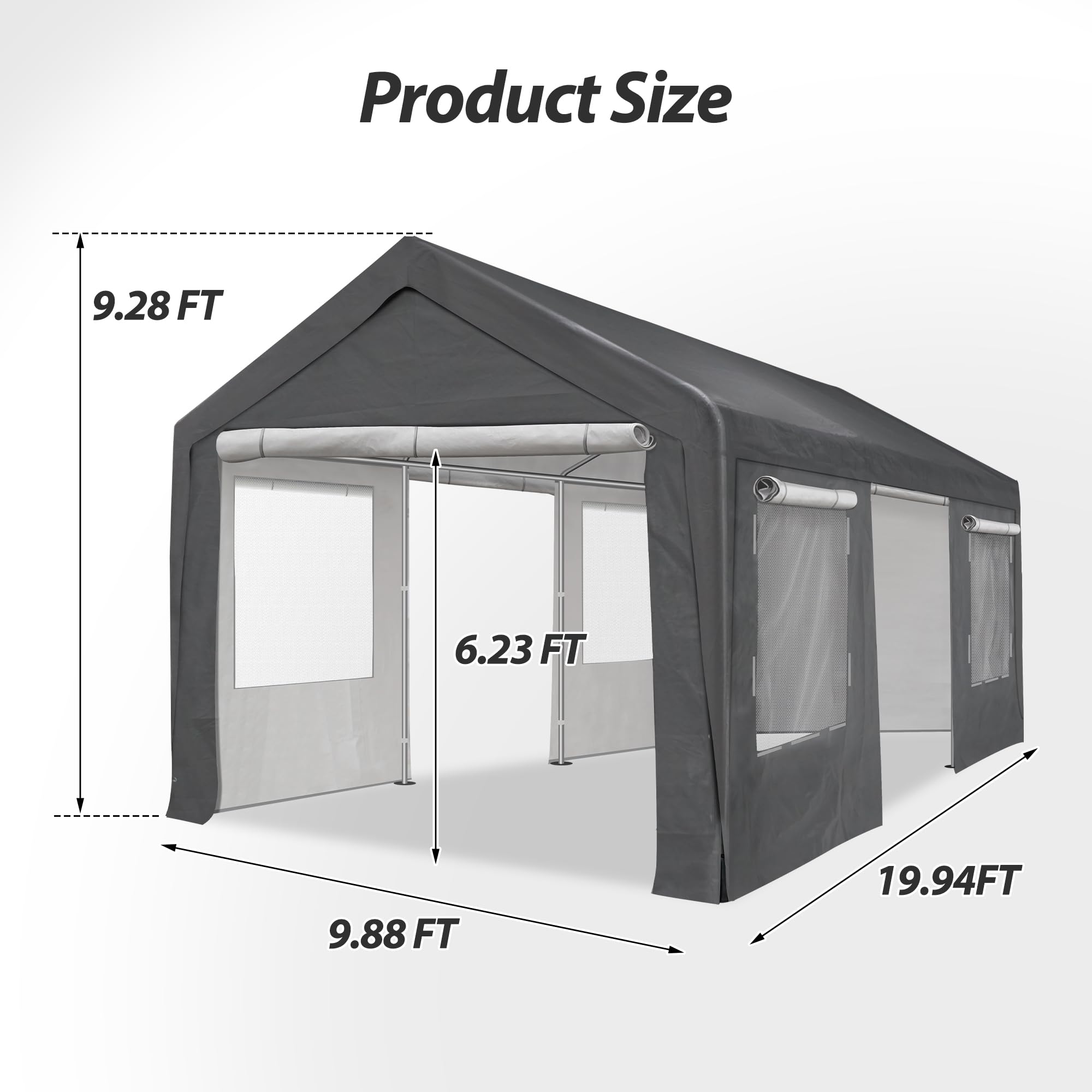 QZEN Carport 10x20ft Portable Garage, Heavy Duty Car Canopy with Roll-up Ventilated Windows & Side Doors, Car Port for SUV, F150, Car, Truck, Boat (10' x 20'Grey and White)