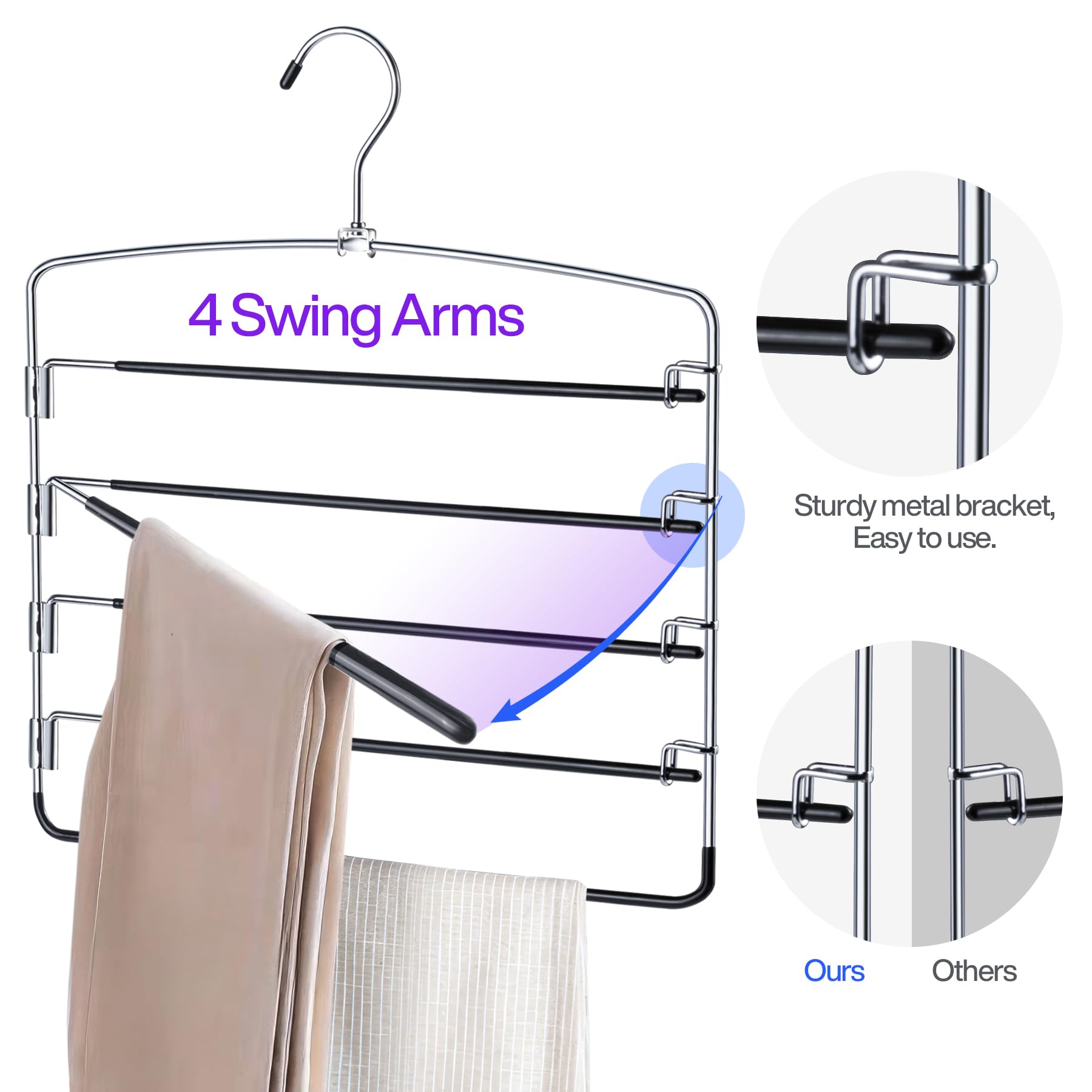 ARRIGO 3 Pack Pants Hangers Space Saving Non Slip Multiple Pants Hanger for Women with Swing Arm Closet Storage Organizer for Pants Jeans Trouser Leggings Scarf Tie