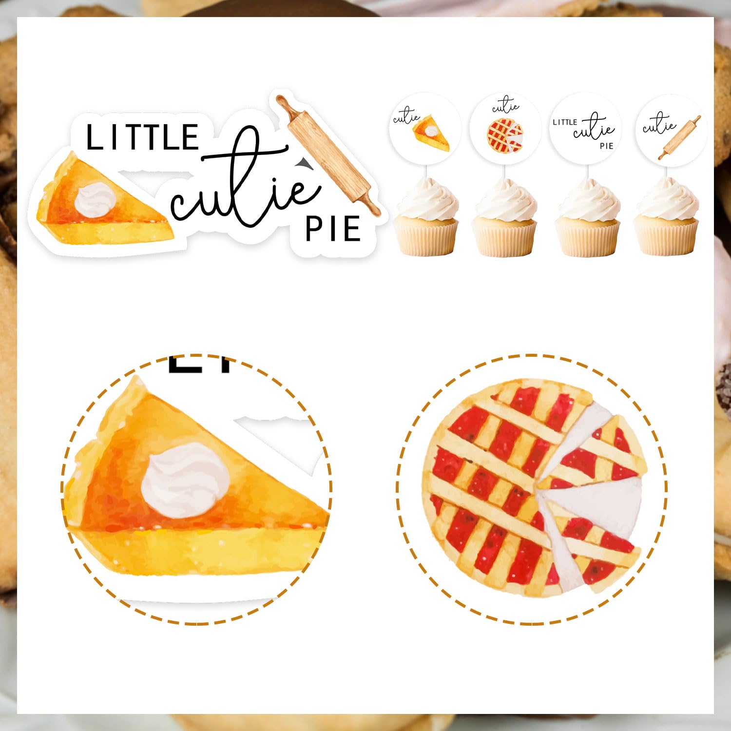 Cutie Pie Cake Topper Set - Little Cutie Pie Cake Topper with 12Pcs Pie Double-sided Cupcake Toppers, Cutie Pie Baby Shower Decorations, Pie First Birthday Decor, Baking Party Supplies for Boys Girls