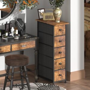 giftgo narrow dresser vertical slim dresser chest of drawers skinny storage tower for small spaces gaps closet bedroom bathroom small fabric drawer unit (rustic brown, 5 drawers)