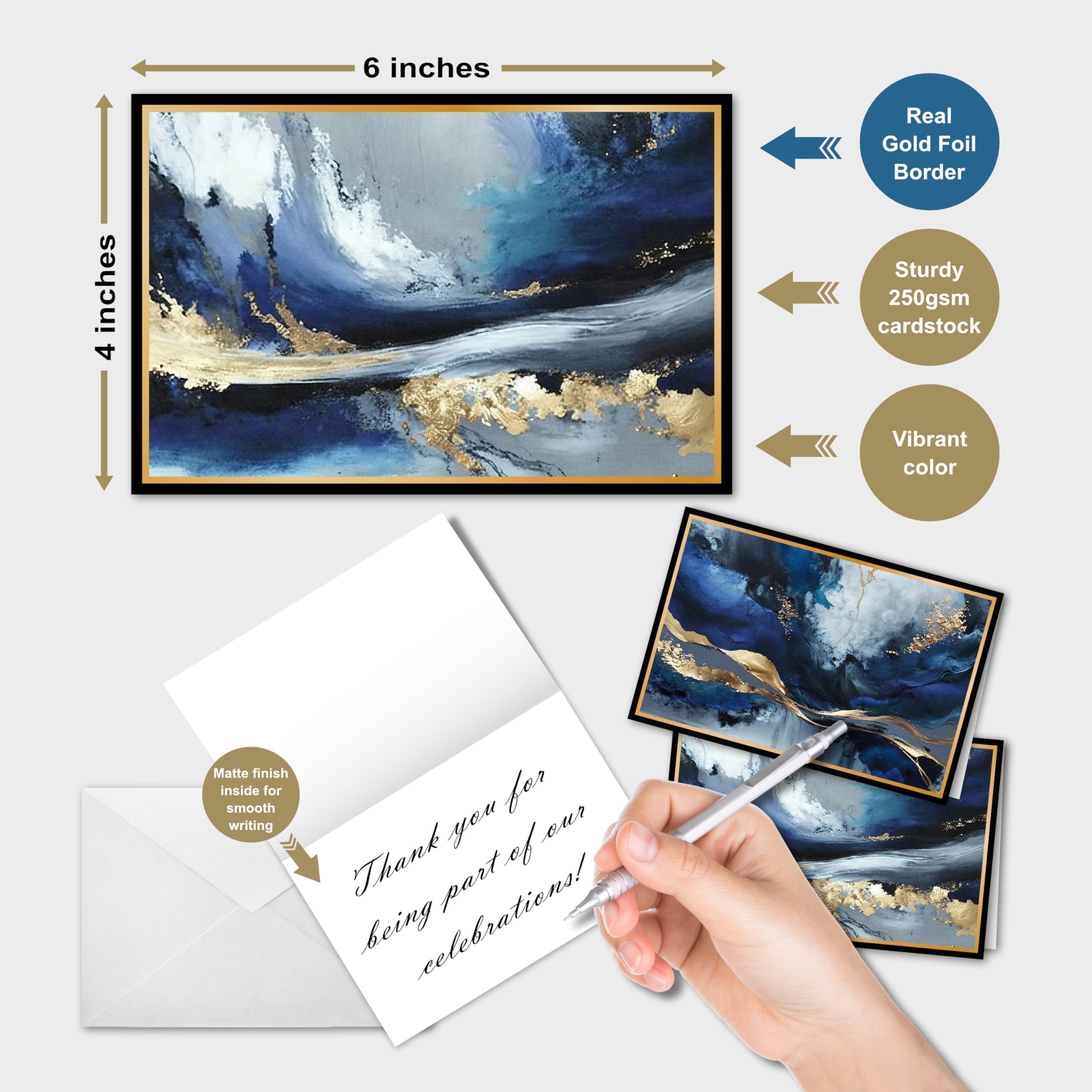 smart scribbles 48 Blank Cards - 4x6” Assorted Note Cards, Elegant Blue and Gold Abstract Greeting Cards, Thank You Cards Assortment with Envelopes