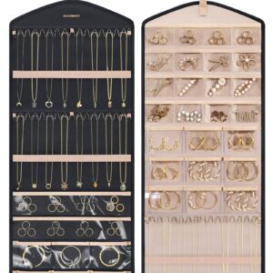 BAGSMART Hanging Jewelry Organizer with Hanger Metal Hooks Double-Sided Jewelry Holder for Organizing Earrings Necklaces Rings Perfect for in Hanging Closet, Wall, Door, 1 Piece, Large, Black