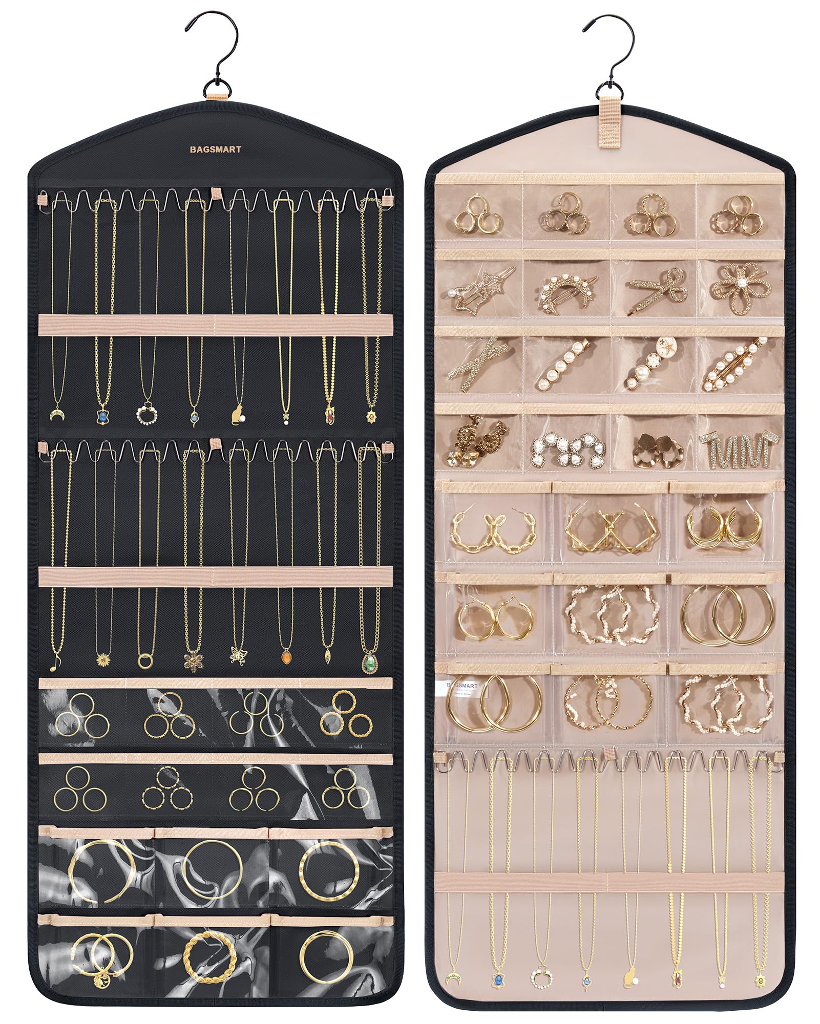 BAGSMART Hanging Jewelry Organizer with Hanger Metal Hooks Double-Sided Jewelry Holder for Organizing Earrings Necklaces Rings Perfect for in Hanging Closet, Wall, Door, 1 Piece, Large, Black