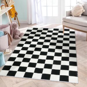 lahome checkered 3x5 black and white rug, modern black checker rug for bedroom, cotton woven aesthetic area rug for kids, checkerboard washable rug low pile floor carpet