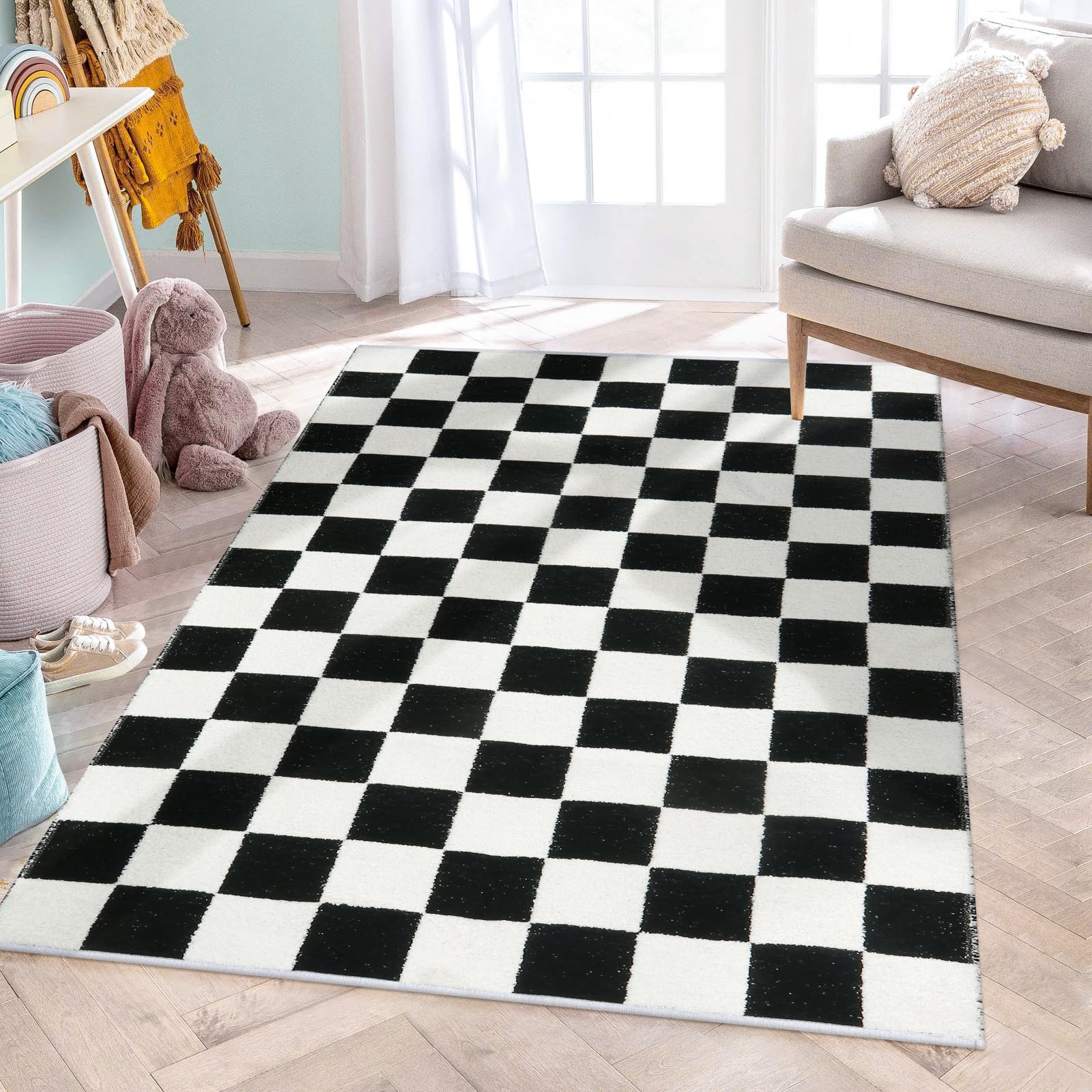 Lahome Checkered 3x5 Black and White Rug, Modern Black Checker Rug for Bedroom, Cotton Woven Aesthetic Area Rug for Kids, Checkerboard Washable Rug Low Pile Floor Carpet