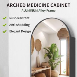 Black Arched Medicine Cabinet with Mirror, Bathroom Medicine Cabinet Organizer, Mirrored Medicine Cabinet Surface Wall Mount, Bath Vanity Mirror with Storage, 3 Adjustable Shelves, 16x31 Inch