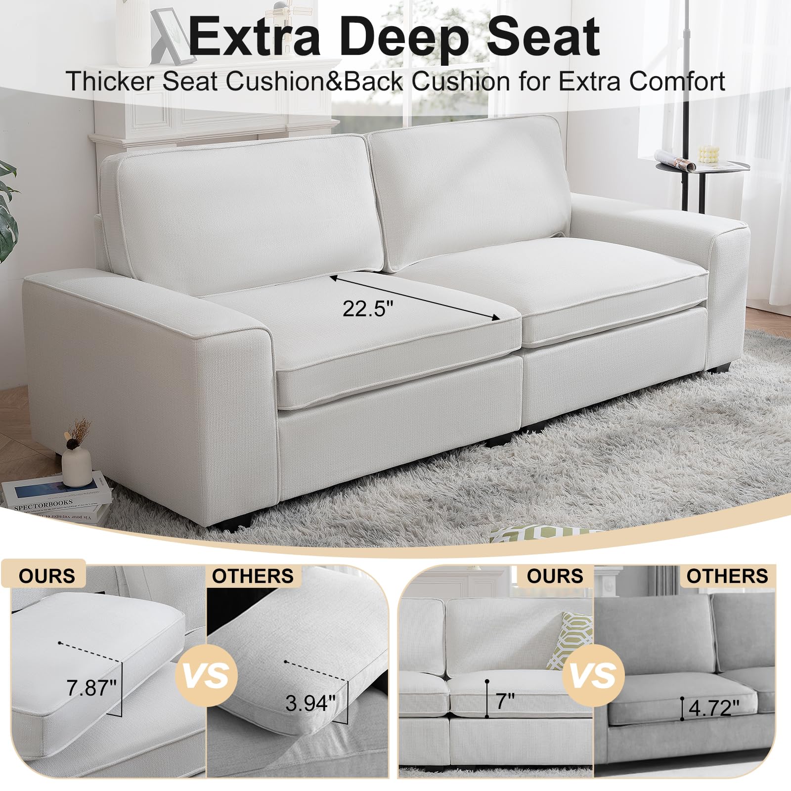 HOMERILLA 88.58" Modern Sofas for Living Room Linen Breathable Loveseat Sofas & Couches with Square Wide Armrest and Removable Sofa Cushion Off-White