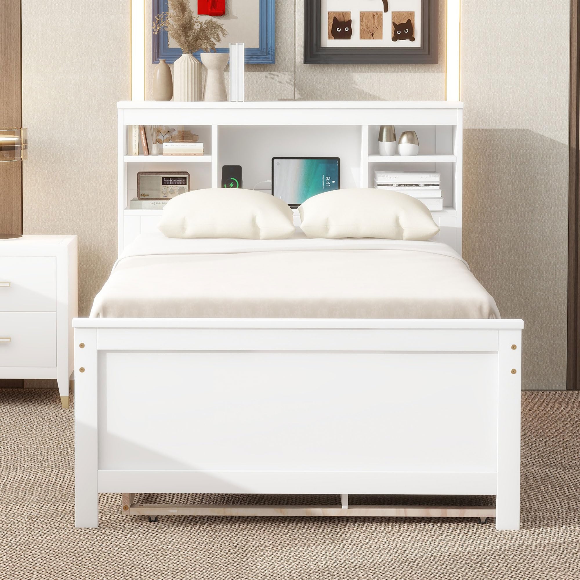 Twin Bed Frame with Bookcase Headboard and Charging Station, Wood Captain Bed with Trundle and Storage Drawers for Kids Boys Girls, Noise Free, No Box Spring Needed, White