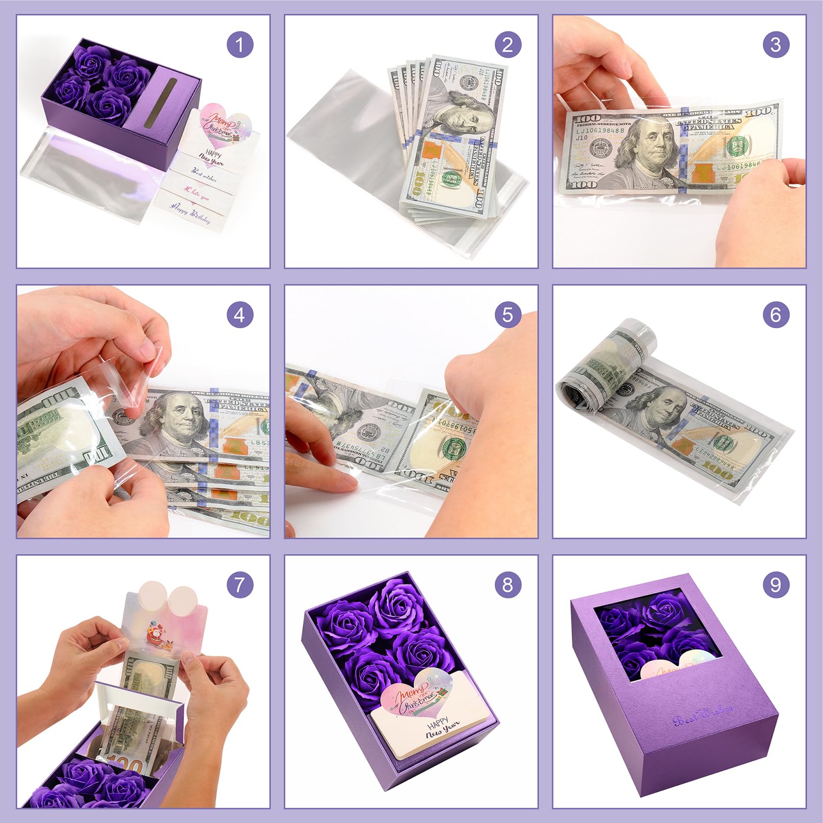 Money Box for Cash Gift Pull, Money Gift Boxes for Cash on Birthday, Christmas, Graduation, Mother's Day, for Husband, Wife, Girlfriend, Mother With Soap Rose Flower and Greeting Cards - Purple