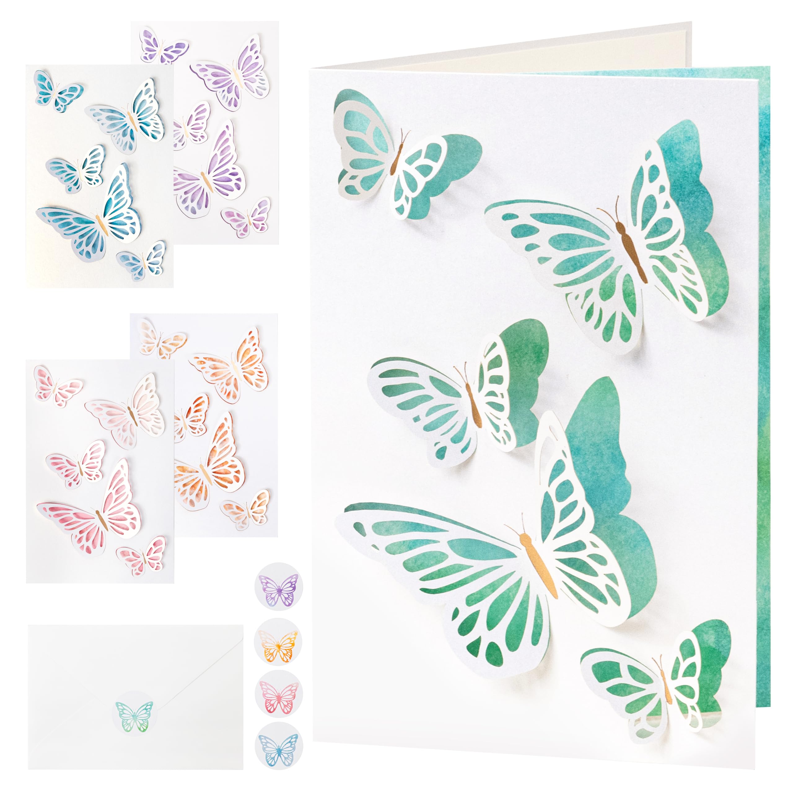 Crisky 25 Pcs Laser Cut 3D Note Cards & Envelopes Watercolor Butterflies Greeting Cards with Envelopes & Stickers for Birthday, Baby Shower,Bridal Shower, Wedding, Graduation