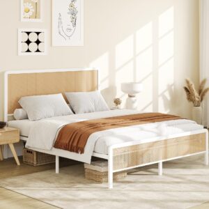 gaomon full size rattan bed frame with headboard, modern style cane boho bed frames with heavy duty sturdy steel slat support, no box spring needed, white