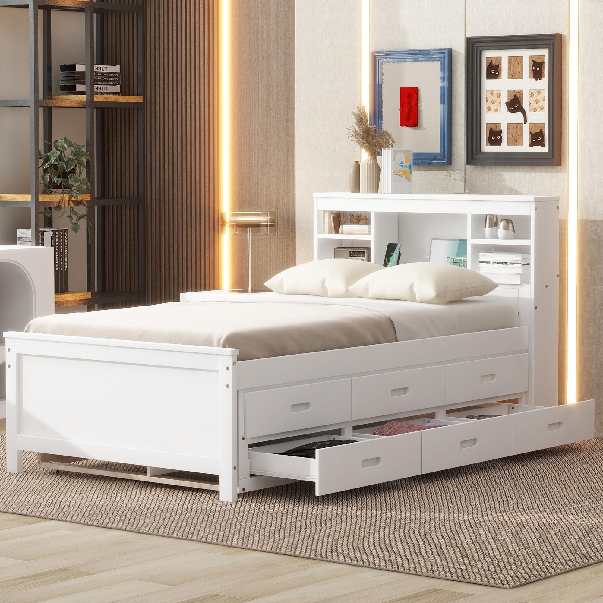 Twin Bed Frame with Bookcase Headboard and Charging Station, Wood Captain Bed with Trundle and Storage Drawers for Kids Boys Girls, Noise Free, No Box Spring Needed, White