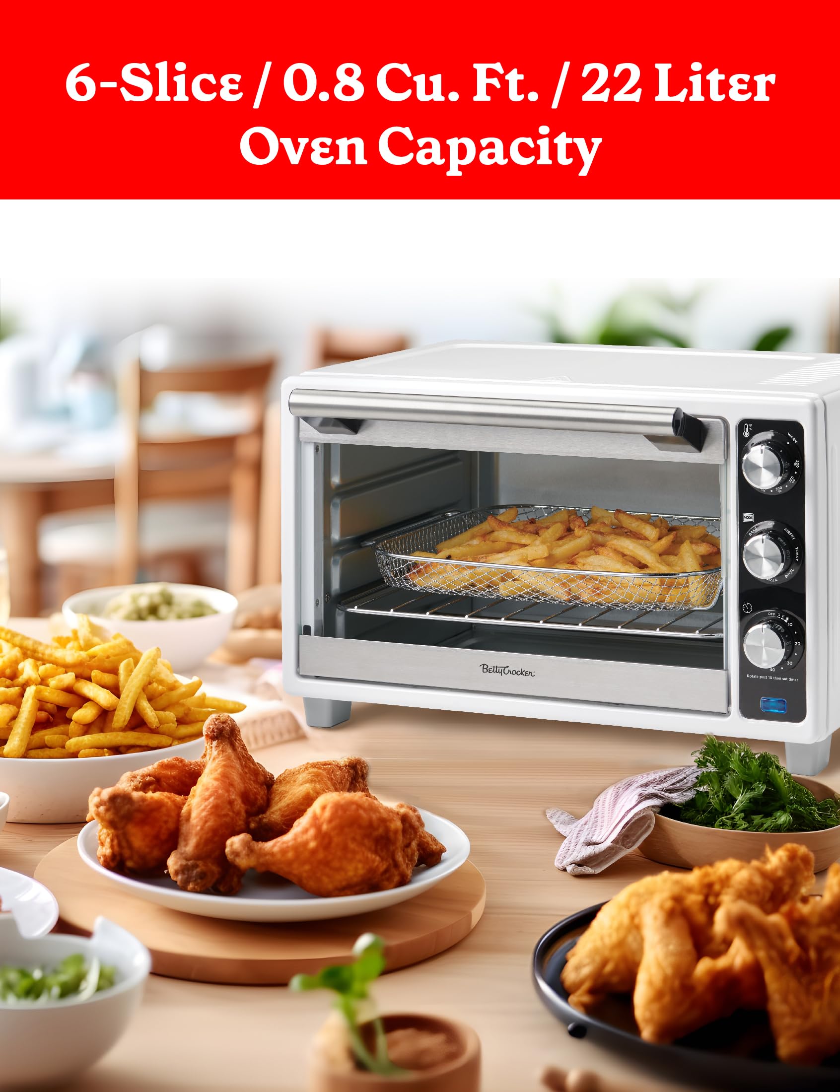 Betty Crocker Air Fryer Convection Toaster Oven, Multifunction 6-Slice Toaster and Air Fryer Oven, 0.8 Cu. Ft. 6 Slice Capacity AirFryer Toaster Oven Combo, 7 Function Convection Oven, White