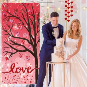 Valentines Love Door Cover Decorations Love Tree Spring Valentines Door Banner Red Pink Love Heart Front Door Hanging Backdrop Banner for Valentine's Day Wedding Anniversary Bridal House Supplies