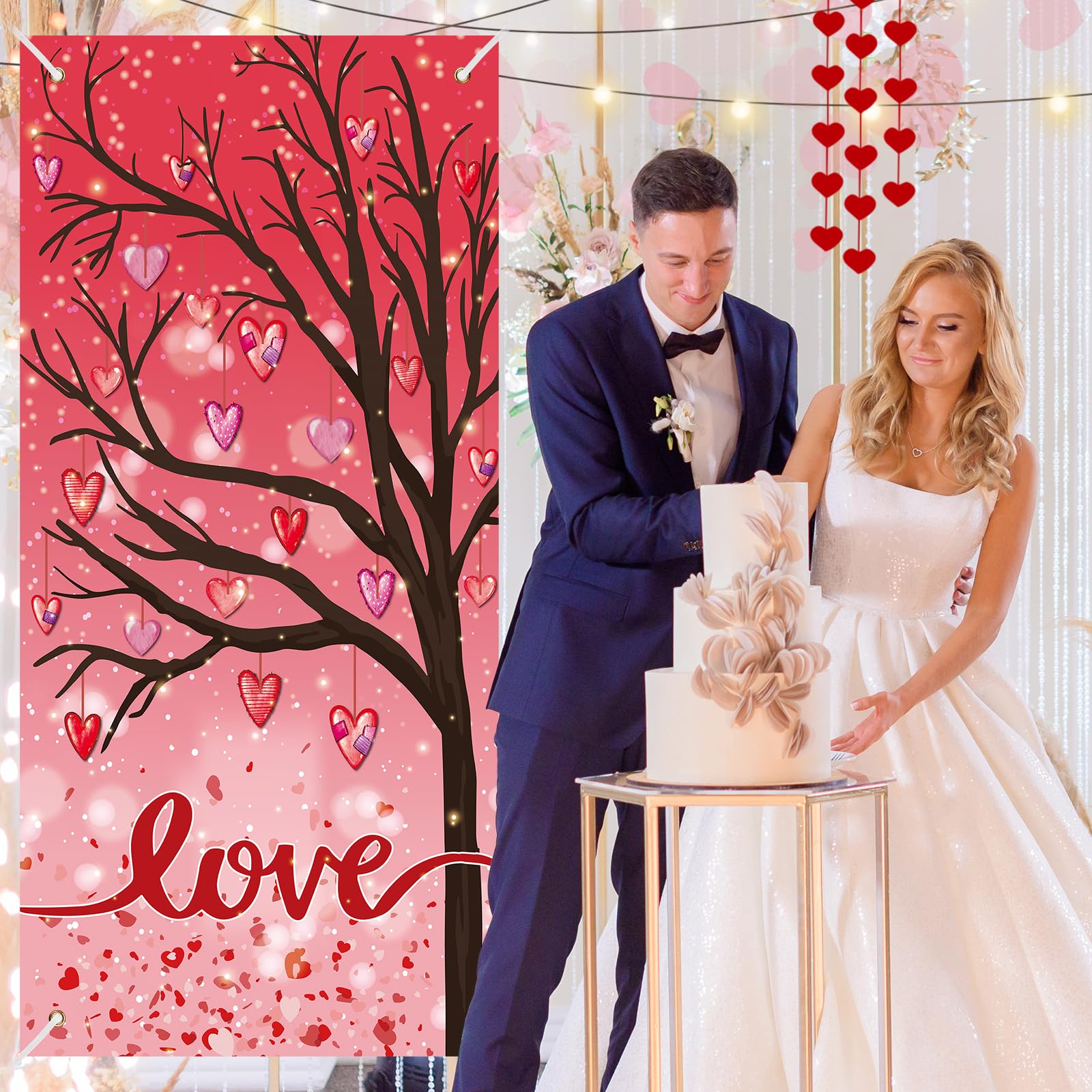 Valentines Love Door Cover Decorations Love Tree Spring Valentines Door Banner Red Pink Love Heart Front Door Hanging Backdrop Banner for Valentine's Day Wedding Anniversary Bridal House Supplies