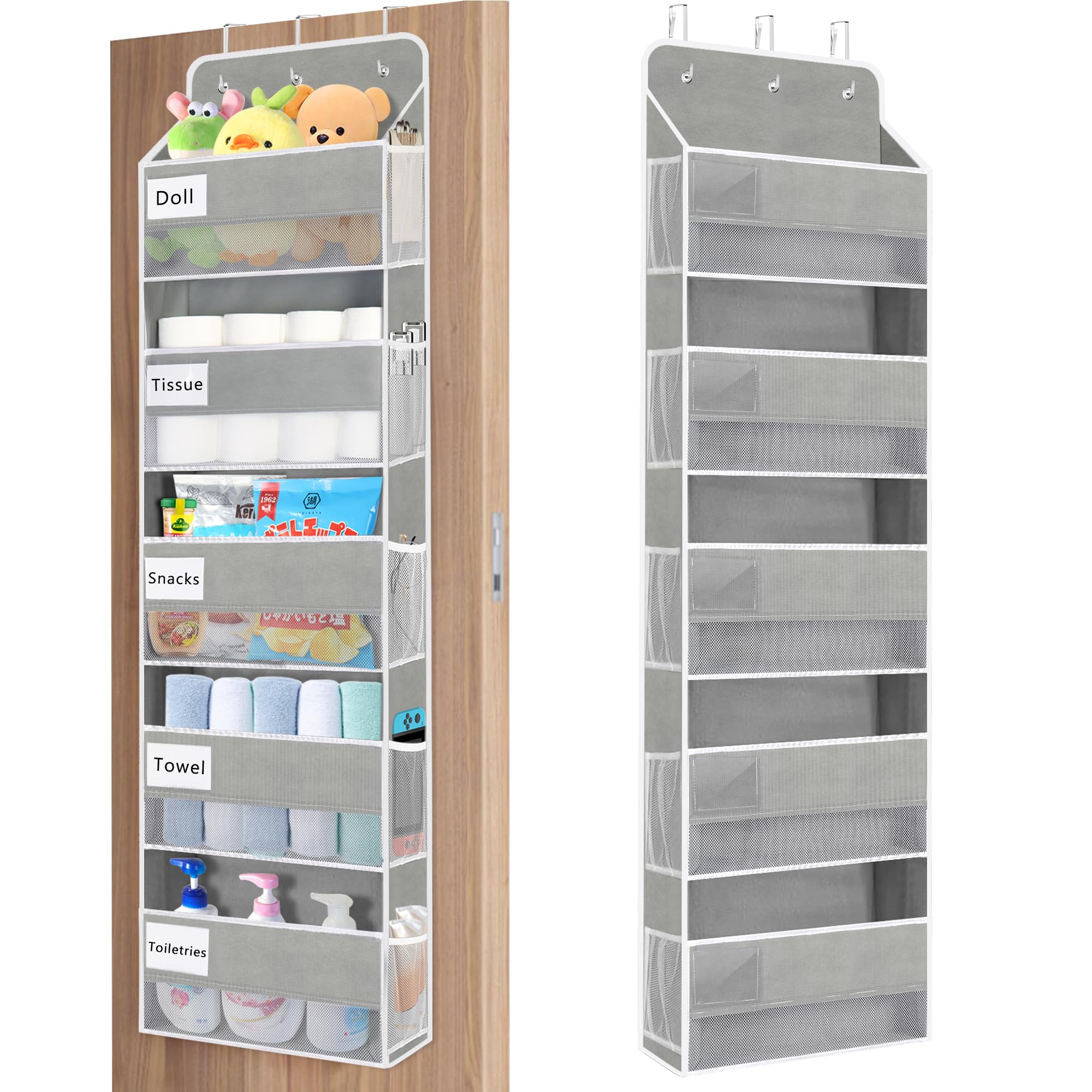 Over The Door Organizer Storage, 44lbs Weight Capacity Hanging Door Organizer, Behind Door Organizer with 5 Large Pockets 10 Mesh Side Pockets 5 PVC Pouches for Nursery Bathroom Bedroom Pantry