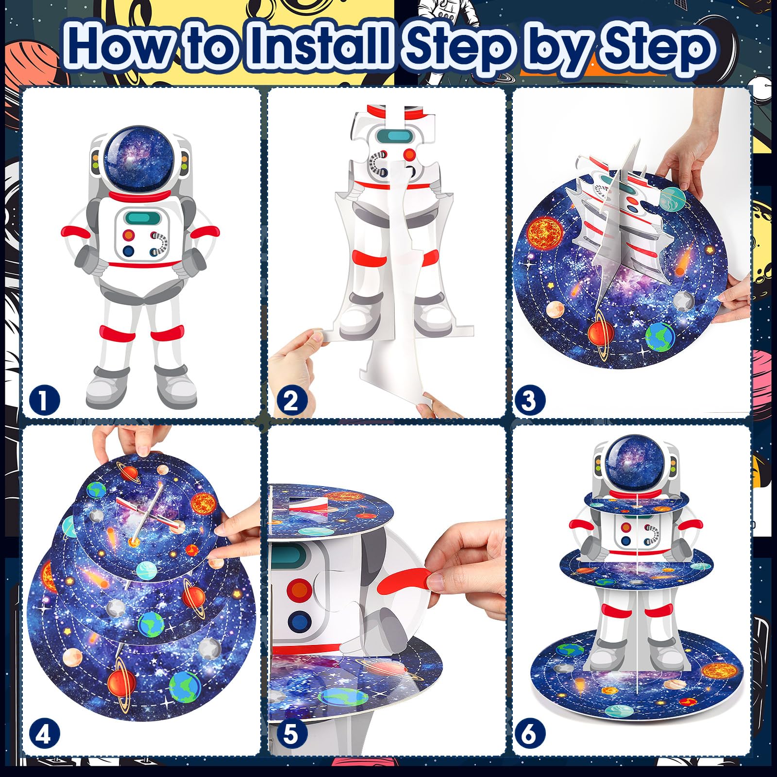 Zopeal Space Astronaut Cupcake Stand Space Themed Birthday Party Decorations 3 Tier Planet Cupcake Holder Cake Stand Decorations Galaxy Spaceman Dessert Tower for Space Shower Party Supplies