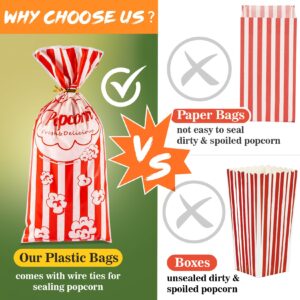 MAQIHAN 100 Popcorn Bags Individual Servings - Plastic Popcorn Individual Food Bags with Twist Tie Pop Corn Party Popcorn Sleeves Bulk Bar Snack Containers Nostalgia Gift Packs Movie Night Supplies