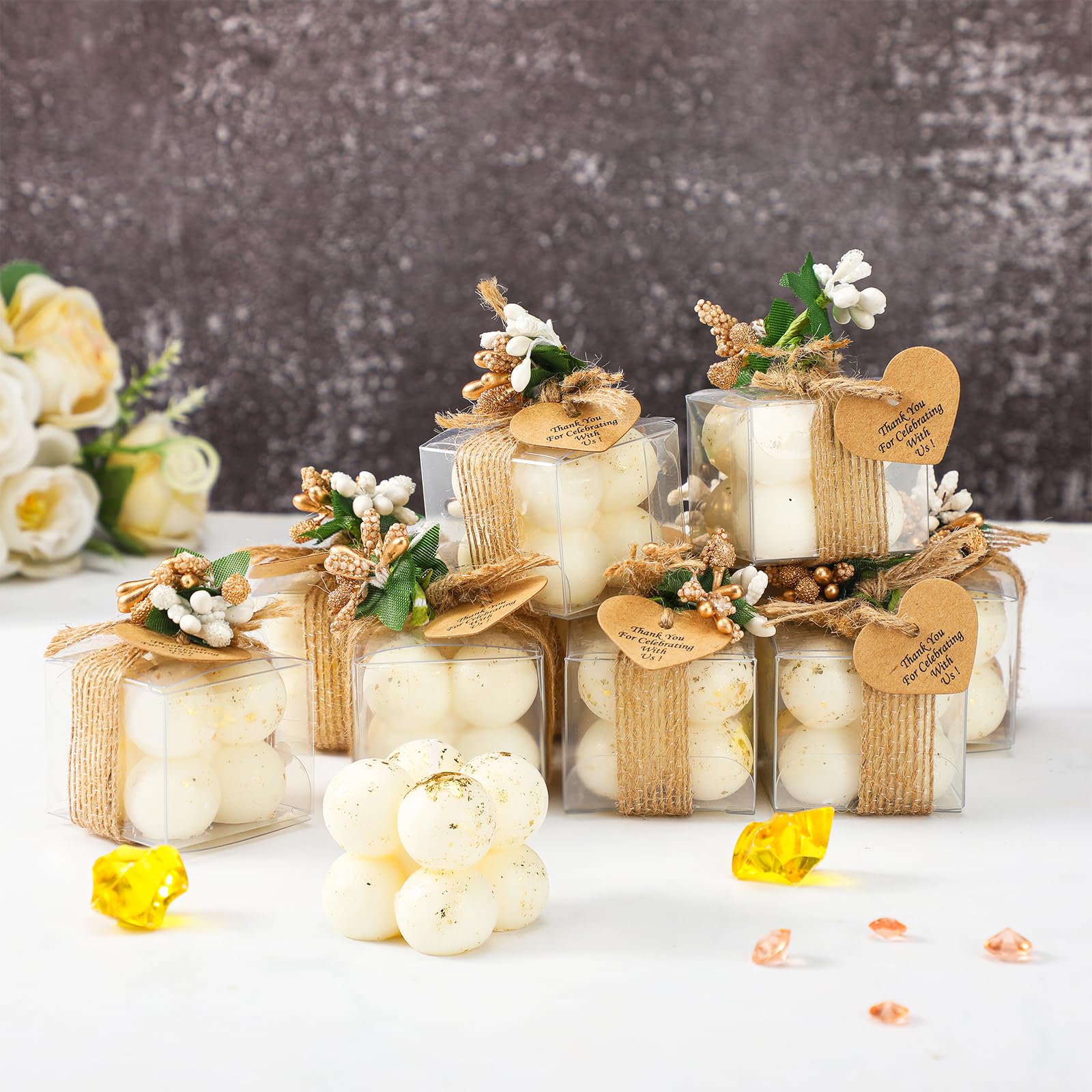 MTLEE 30 Sets Small Wedding Favors Candles for Guests 1.4 x 1.6 Inches Bulk Bubble Candles Gifts Bridal Shower Favors Candles with Thank You Cards Ribbons Dried Flowers Gifts (Gold Foil)