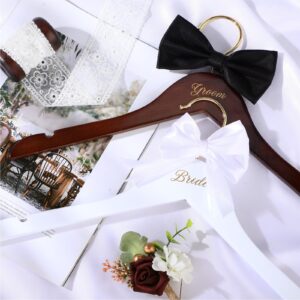 Beeveer 2 Pcs Bride Hanger Bride and Groom Wedding Dress Hanger Set Brown Wooden Wedding Hanger with Bow Tie for Tuxedo Suit Bridal Hanger with Bow Wedding Gift Bridal Party Shower(Simple)