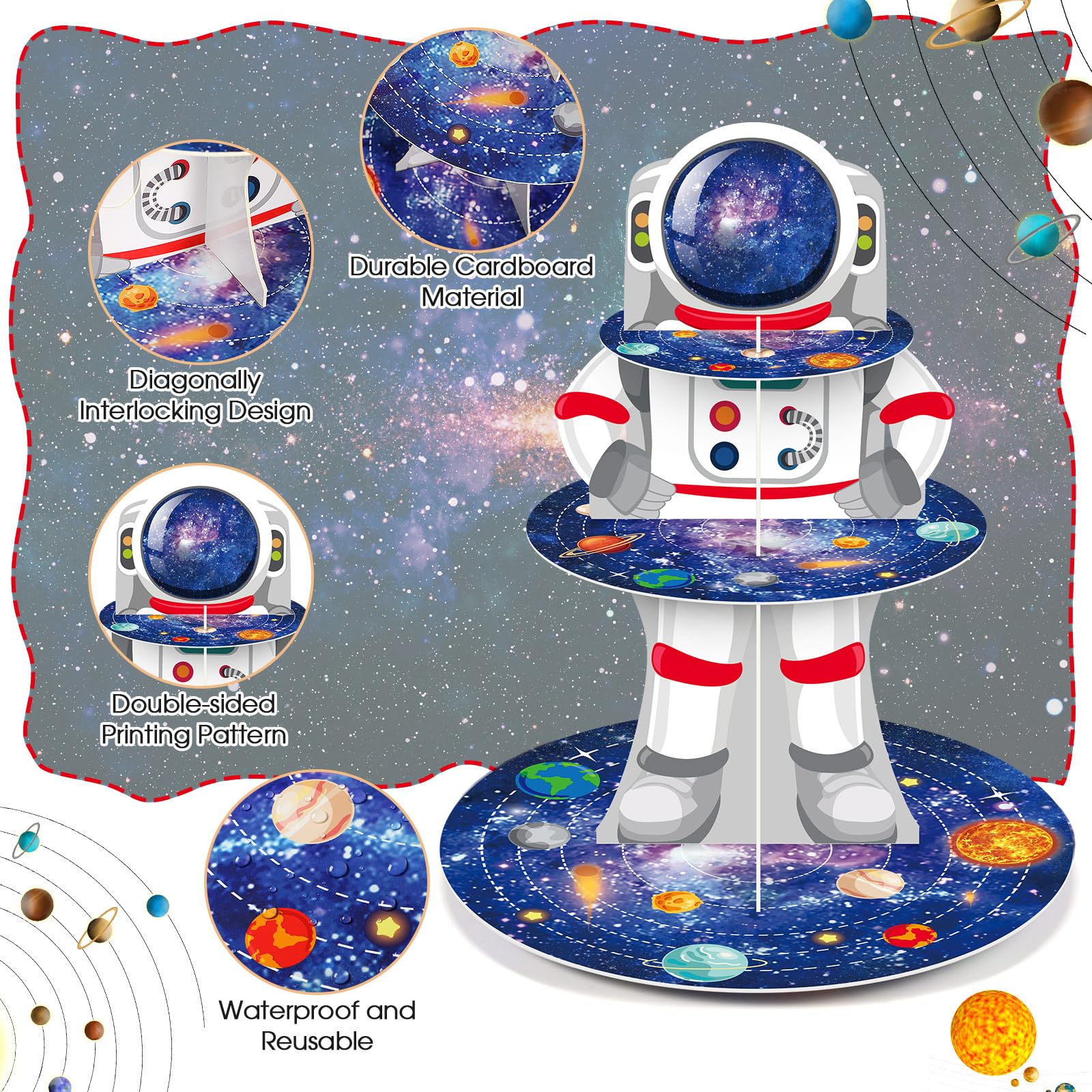 Zopeal Space Astronaut Cupcake Stand Space Themed Birthday Party Decorations 3 Tier Planet Cupcake Holder Cake Stand Decorations Galaxy Spaceman Dessert Tower for Space Shower Party Supplies