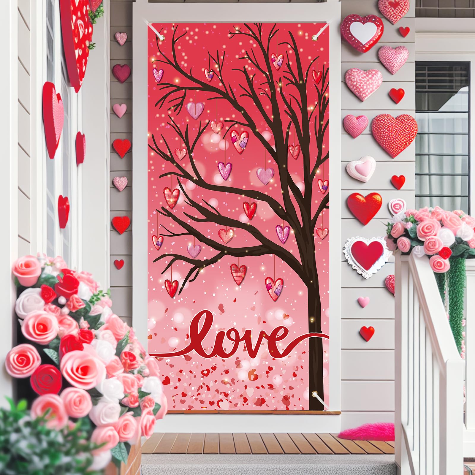 Valentines Love Door Cover Decorations Love Tree Spring Valentines Door Banner Red Pink Love Heart Front Door Hanging Backdrop Banner for Valentine's Day Wedding Anniversary Bridal House Supplies