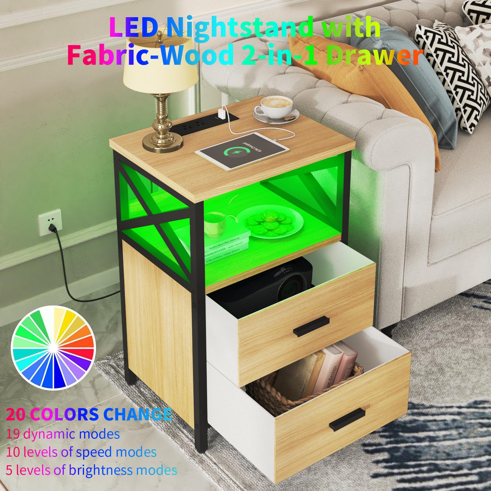 HDDDZSW LED Nightstand with Charging Station, Side Table with USB Ports and Outlets, End Table for Small Spaces, Log Colour Bedside Tables with Fabric-Wood 2-in-1 Drawer for Bedroom, Living Room