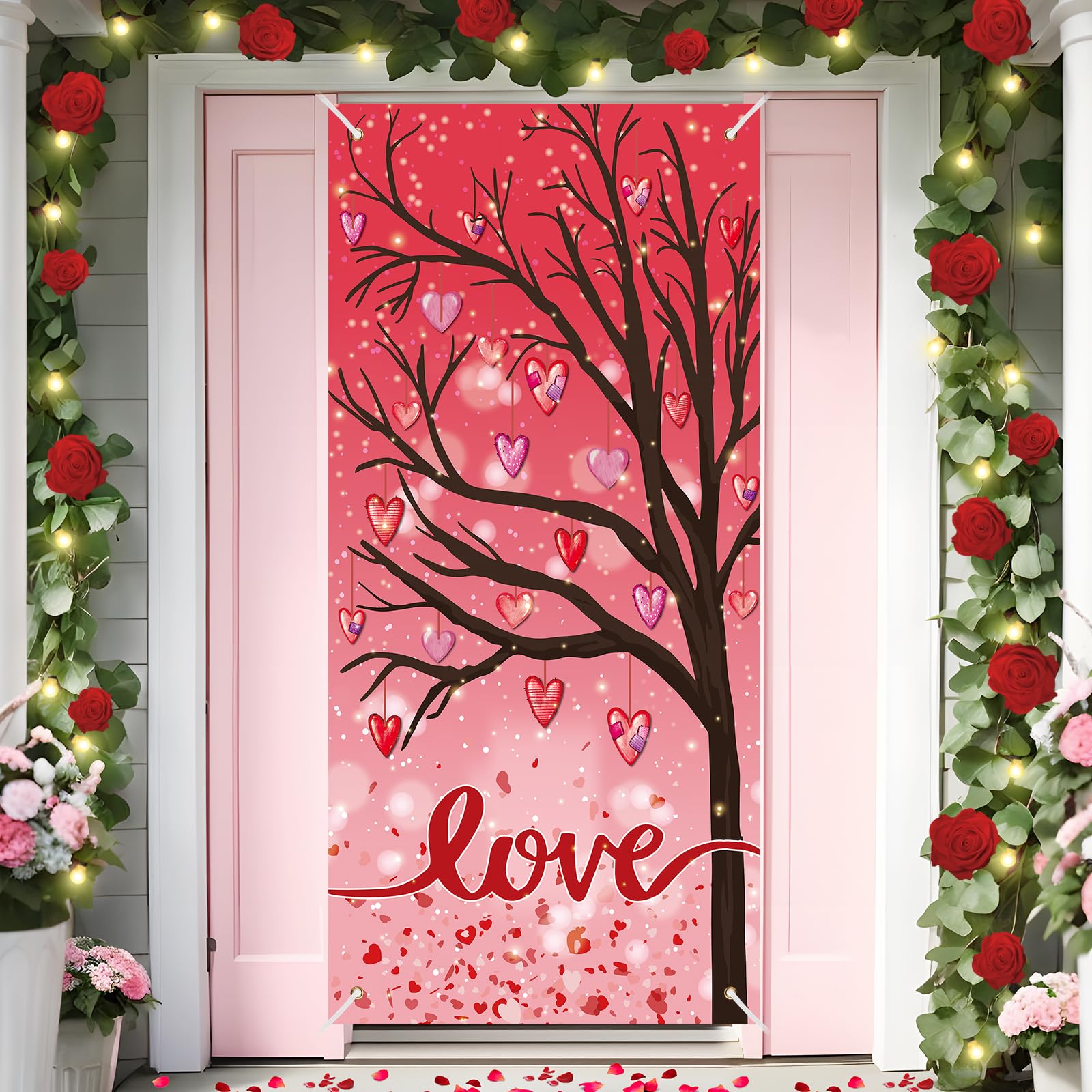 Valentines Love Door Cover Decorations Love Tree Spring Valentines Door Banner Red Pink Love Heart Front Door Hanging Backdrop Banner for Valentine's Day Wedding Anniversary Bridal House Supplies