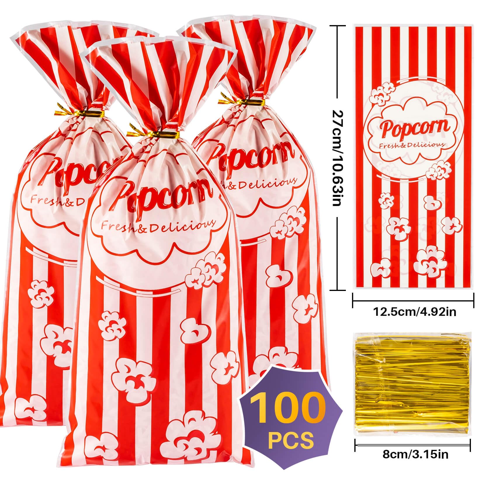 MAQIHAN 100 Popcorn Bags Individual Servings - Plastic Popcorn Individual Food Bags with Twist Tie Pop Corn Party Popcorn Sleeves Bulk Bar Snack Containers Nostalgia Gift Packs Movie Night Supplies