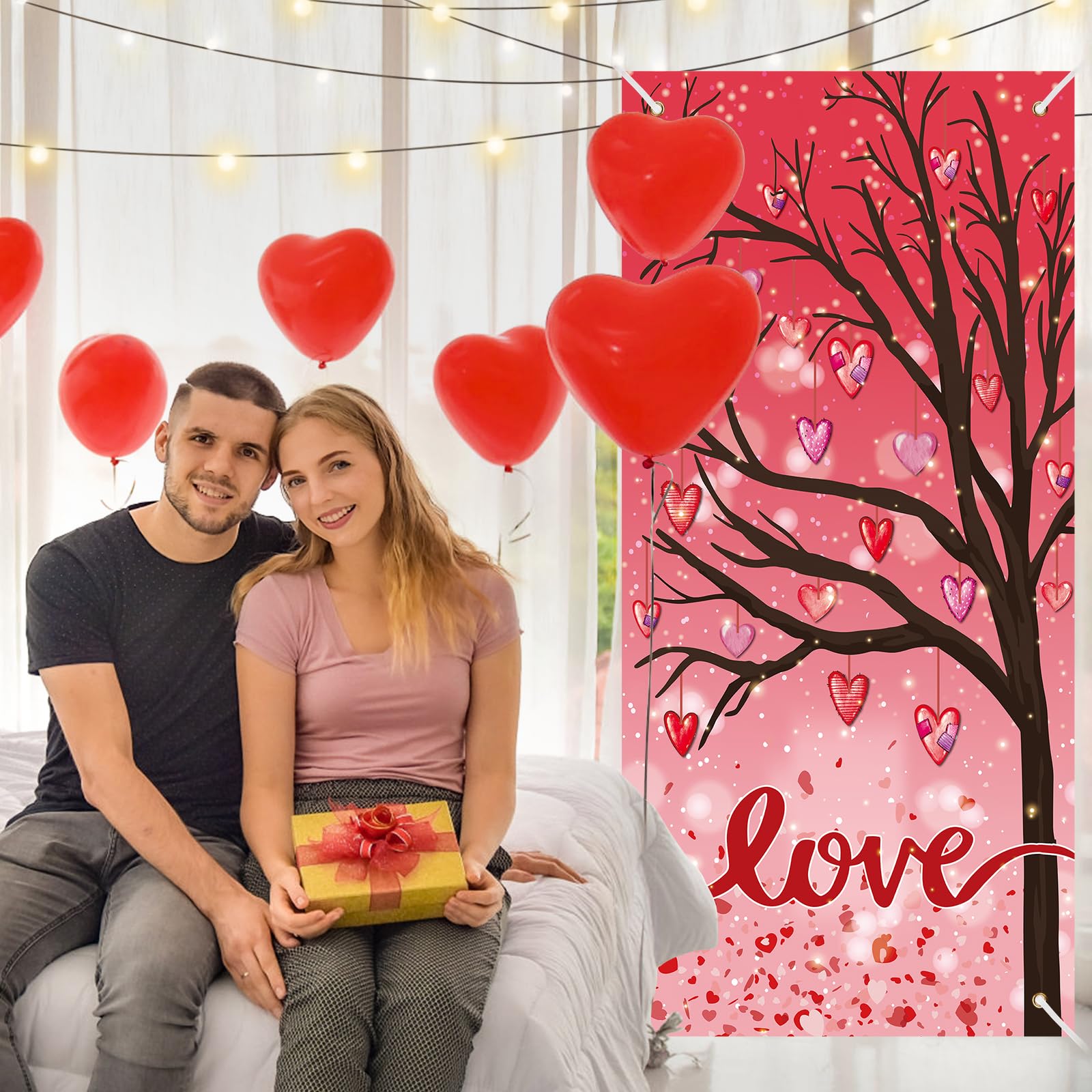 Valentines Love Door Cover Decorations Love Tree Spring Valentines Door Banner Red Pink Love Heart Front Door Hanging Backdrop Banner for Valentine's Day Wedding Anniversary Bridal House Supplies