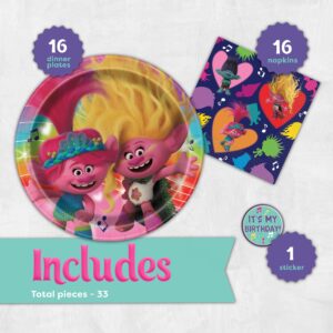 Trolls Birthday Party Decorations | Serves 16 Guests | Trolls Plates, Napkins, Sticker