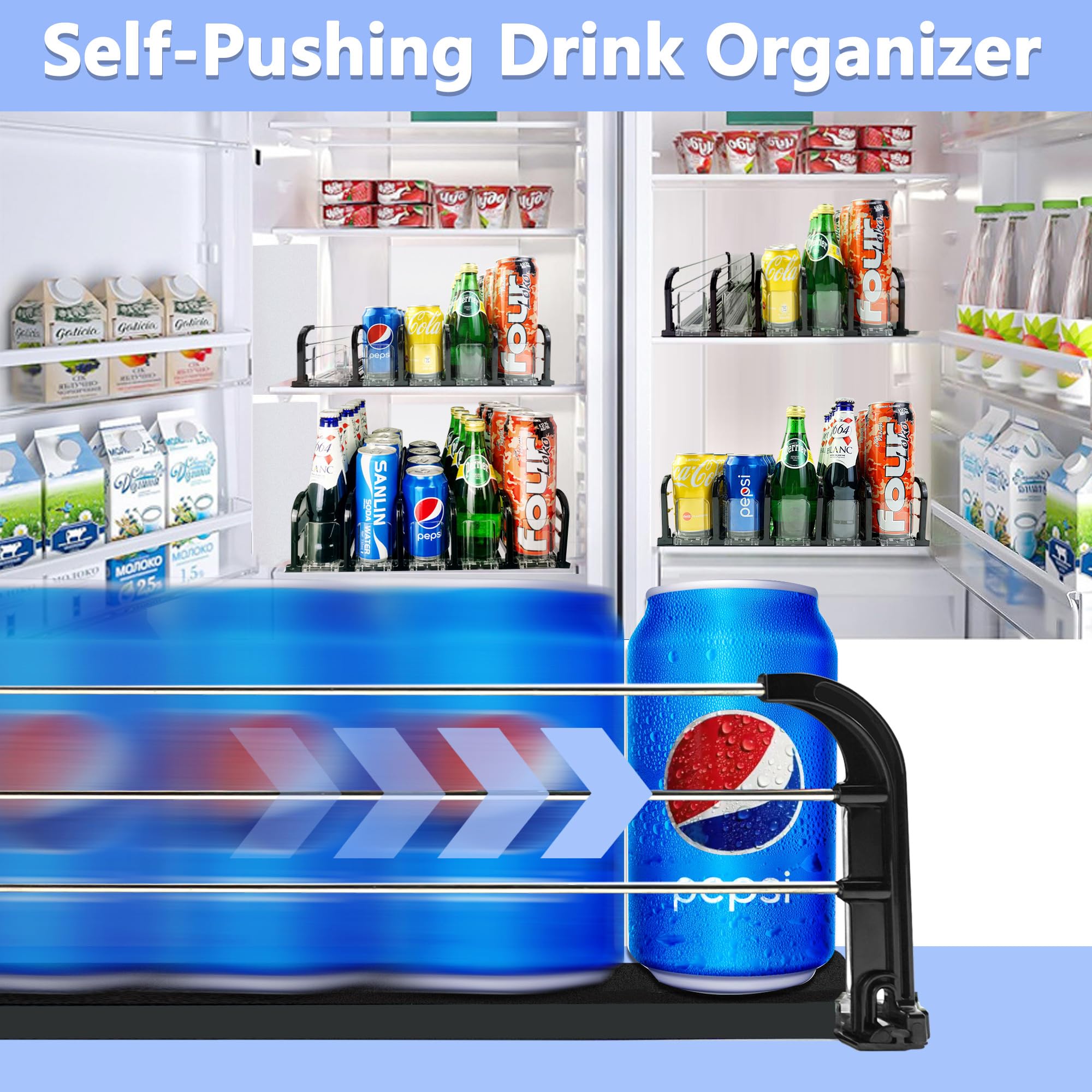 Yedyoi Drink Organizer for Fridge, Soda Can Organizer for Fridge, Self-Pushing Glide Drink Dispenser for Refrigerator -Holds up to 25 Cans Black (5 Rows)