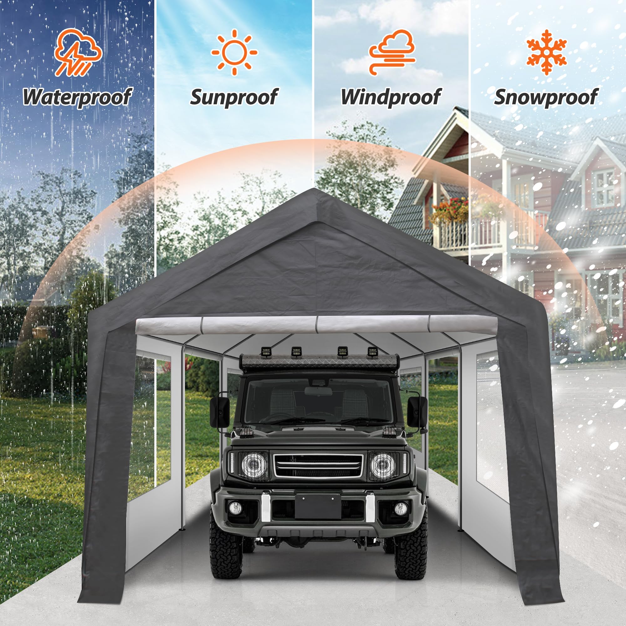 QZEN Carport 10x20ft Portable Garage, Heavy Duty Car Canopy with Roll-up Ventilated Windows & Side Doors, Car Port for SUV, F150, Car, Truck, Boat (10' x 20'Grey and White)