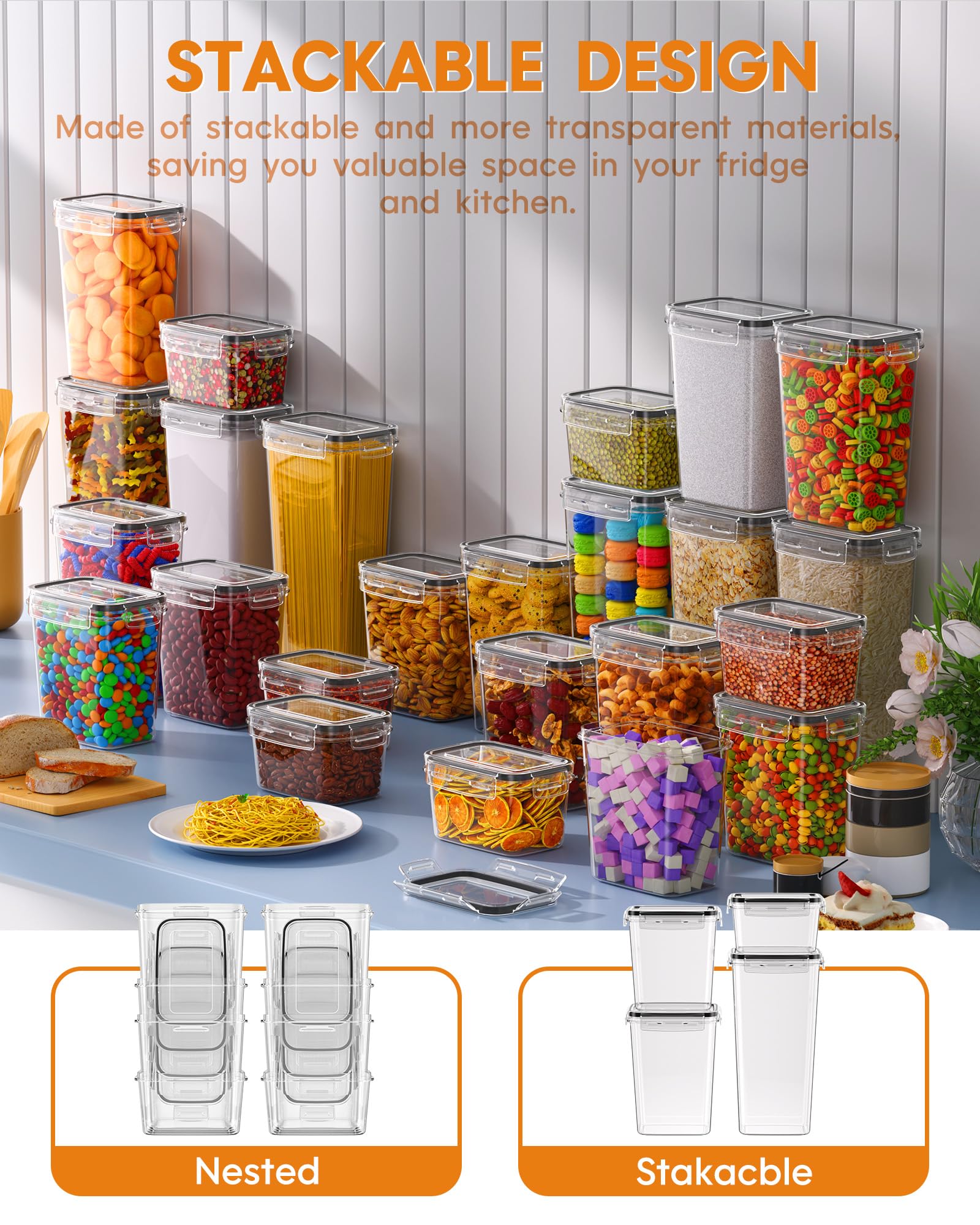 KEMETHY 24 PCS Airtight Food Storage Containers with Lids, Kitchen Pantry Organization and Storage, BPA-Free Plastic Scale Food Canisters for Cereal, Flour, Sugar, Dry Food, Include Labels & Marker