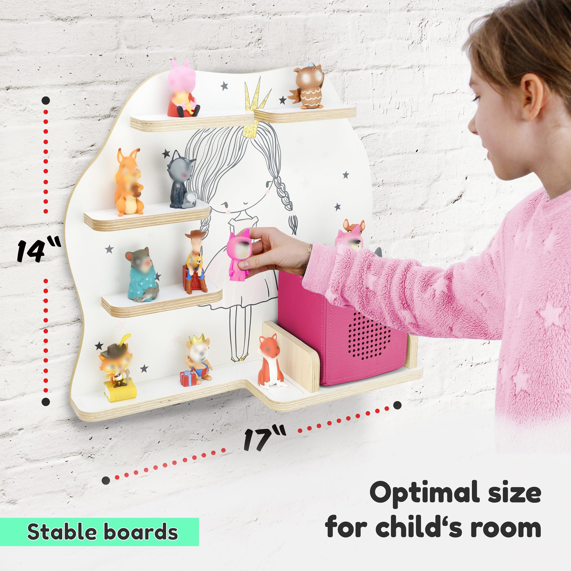 stadtecken Wooden Shelf for Music Box I Suitable for The Toniebox and ca. 35 Tonies I Perfect Storage in The Children's Room I for Setting up or Hanging (Medium, Flower Princess)