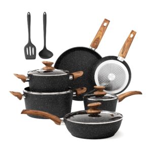 dishdelight induction pots and pans set non stick, 12 piece nonstick kitchen cookware sets, nonstick granite cooking set induction pots and pans, induction cookware sets with frying pans, black