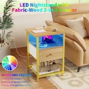 HDDDZSW LED Nightstands Set of 2 with Charging Station, Bedside Tables with USB Ports and Outlets, End Table with Fabric-Wood 2-in-1 Drawer for Small Spaces, Log-Color Side Table for Bedroom, Office