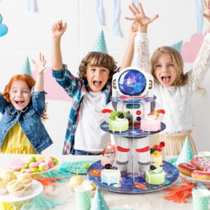 Zopeal Space Astronaut Cupcake Stand Space Themed Birthday Party Decorations 3 Tier Planet Cupcake Holder Cake Stand Decorations Galaxy Spaceman Dessert Tower for Space Shower Party Supplies