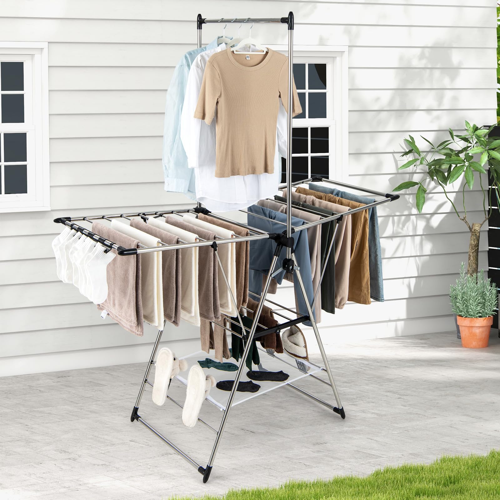 Tangkula 2-Layer Stainless Steel Drying Rack, Foldable Laundry Drying Rack w/ 1 Hanging Bar & 2 Height-Adjustable Wings, 23 Drying Rails, Netting Drying Rack, No Assembly Required