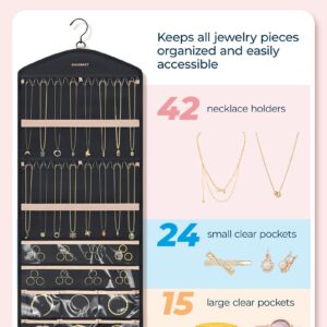 BAGSMART Hanging Jewelry Organizer with Hanger Metal Hooks Double-Sided Jewelry Holder for Organizing Earrings Necklaces Rings Perfect for in Hanging Closet, Wall, Door, 1 Piece, Large, Black