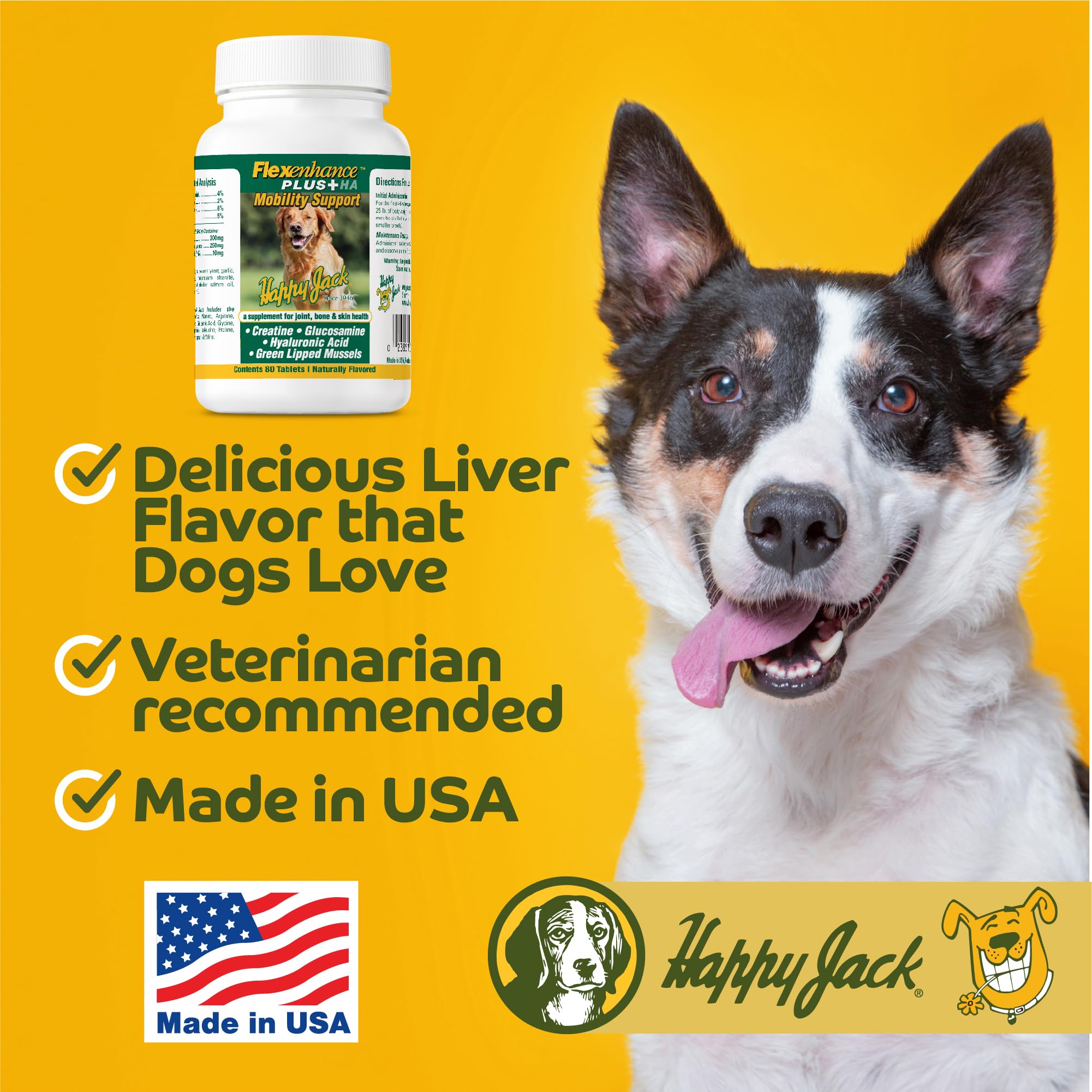 Happy Jack Flexenhance Dog Hip and Joint Supplement with Skin & Coat Support Plus (80 Chewable Tabs), Improve Flexibility & Mobility, Glucosamine, Green Lipped Mussel, Fish Oil