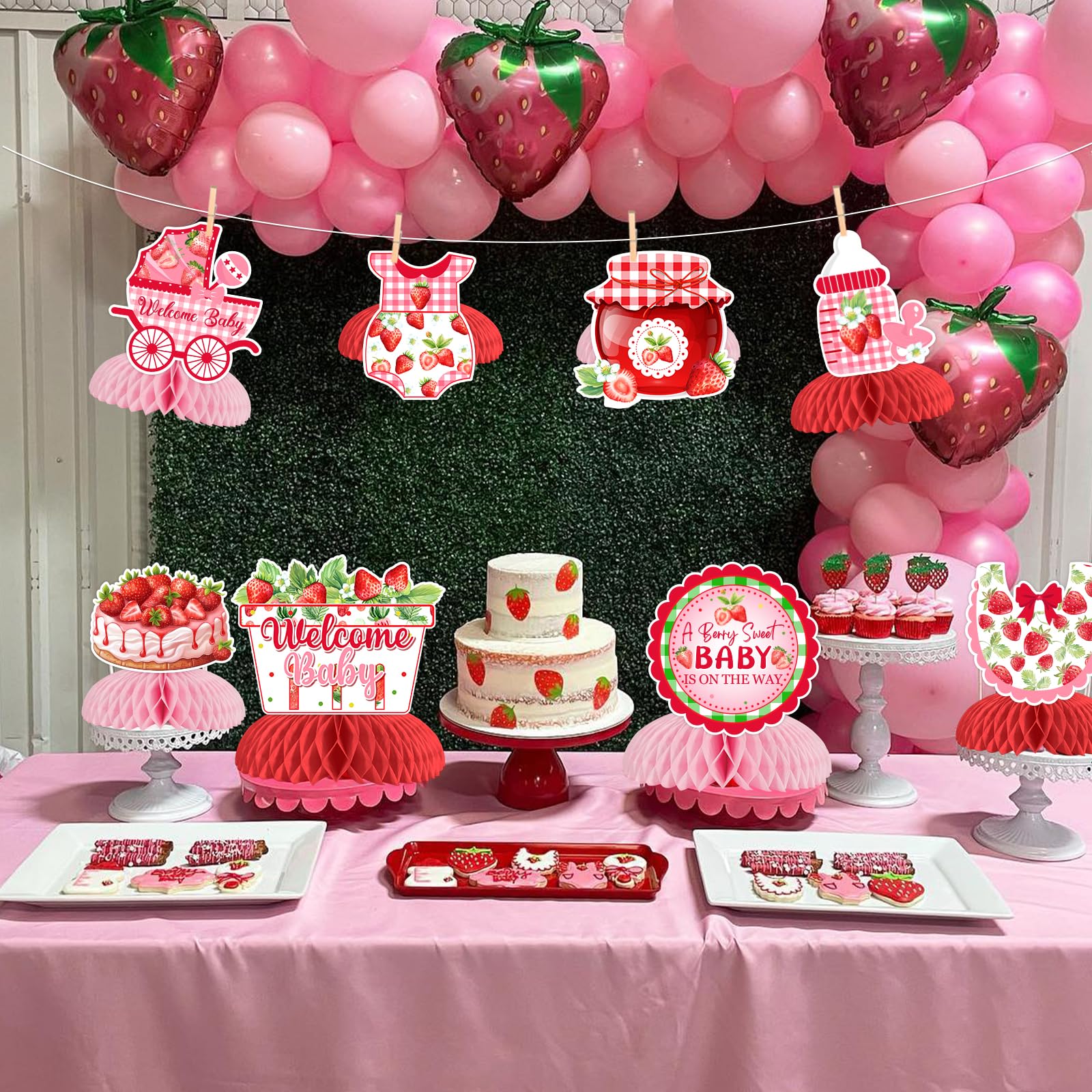 Sursurprise Strawberry Baby Shower Decorations, 8 Pieces Strawberry Honeycomb Centerpieces, A Berry Sweet Baby Is On The Way Table Topper Decor for Girls Fruit Themed Party Supplies