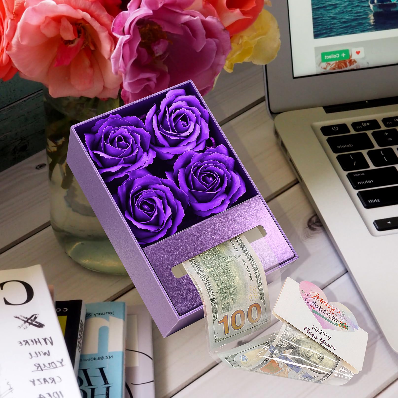 Money Box for Cash Gift Pull, Money Gift Boxes for Cash on Birthday, Christmas, Graduation, Mother's Day, for Husband, Wife, Girlfriend, Mother With Soap Rose Flower and Greeting Cards - Purple