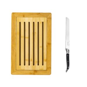 french home laguiole black pakkawood bread knife with bamboo bread board — bread cutting board set — bamboo bread slicer board — bread cutting board and knife