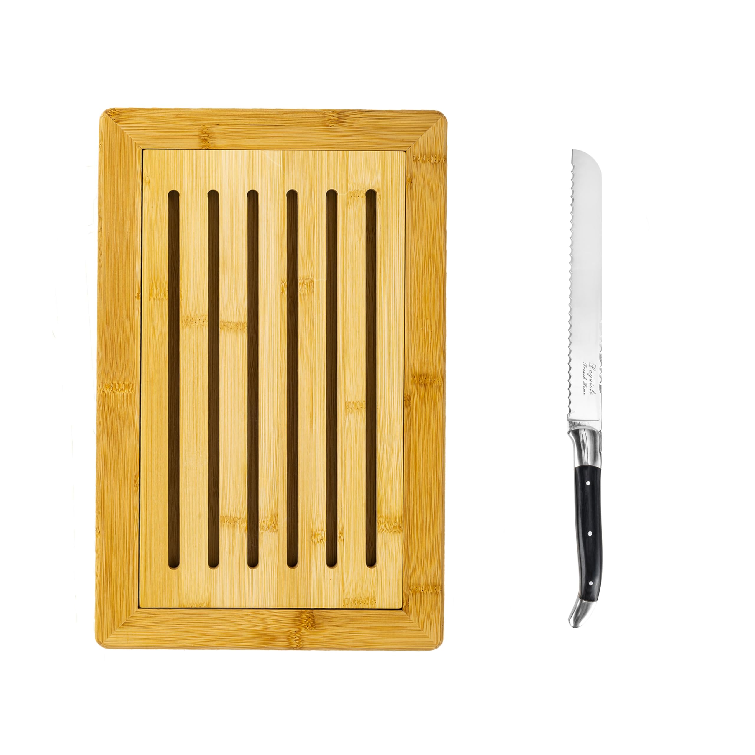 French Home Laguiole Black Pakkawood Bread Knife with Bamboo Bread Board — Bread Cutting Board Set — Bamboo Bread Slicer Board — Bread Cutting Board and Knife