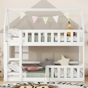 SOFTSEA Twin Over Twin House Bunk Bed, Solid Wood Bunk Bed Frame with Guardrails, Door and Ladder for Boys and Girls Bedroom, No Box Spring Needed, Easy Assembly, White