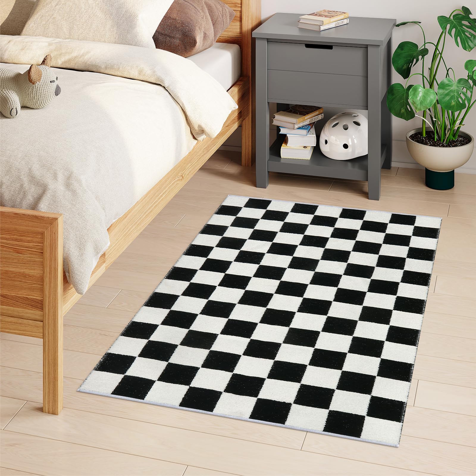 Lahome Checkered 3x5 Black and White Rug, Modern Black Checker Rug for Bedroom, Cotton Woven Aesthetic Area Rug for Kids, Checkerboard Washable Rug Low Pile Floor Carpet